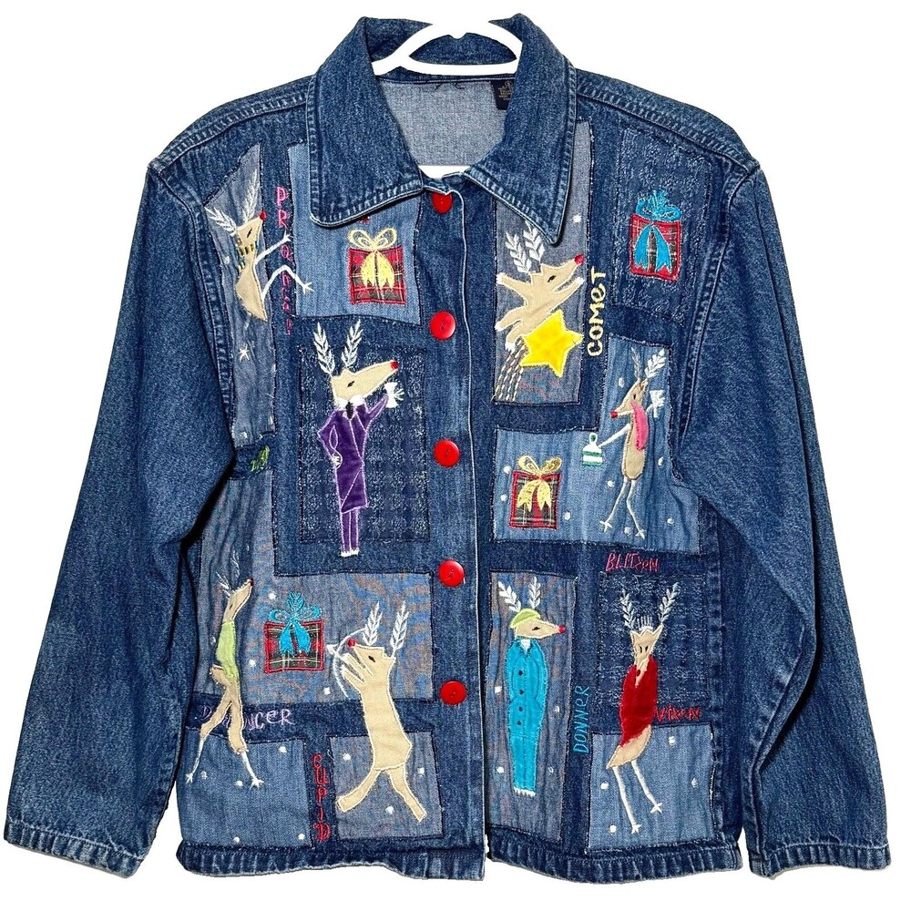 Vintage 90s Reindeers About Town Christmas Denim Jacket Applique Small